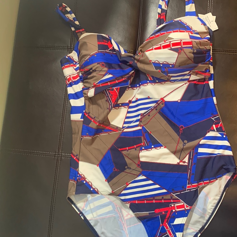 NWT Plus Size 18 One Piece Swimsuit Nautical Print Twist Front B Cup